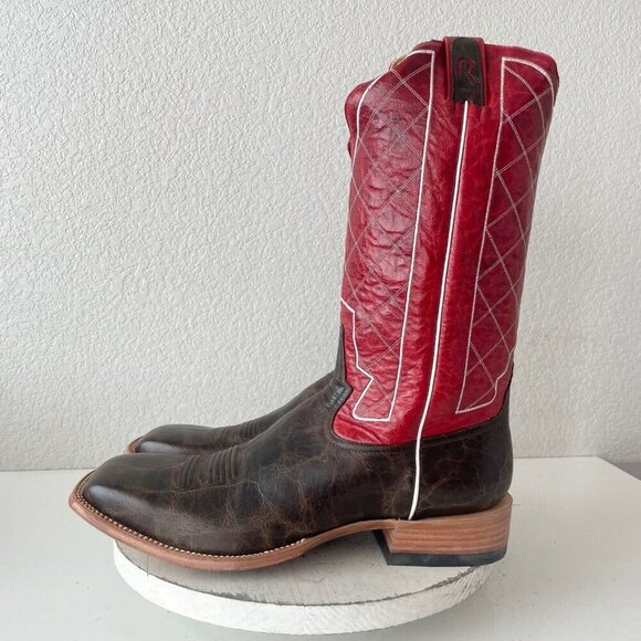 Rod Patrick Mens Cowboy Boots 14.5D Brown Mocha Bison Leather Square Toe Red Top - Picture 5 of 13